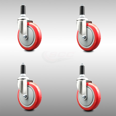 Service Caster 5 Inch 316SS Red Polyurethane Swivel 1-3/8 Inch Expanding Stem Caster Set SCC SCC-SS316EX20S514-PPUB-RED-138-4
